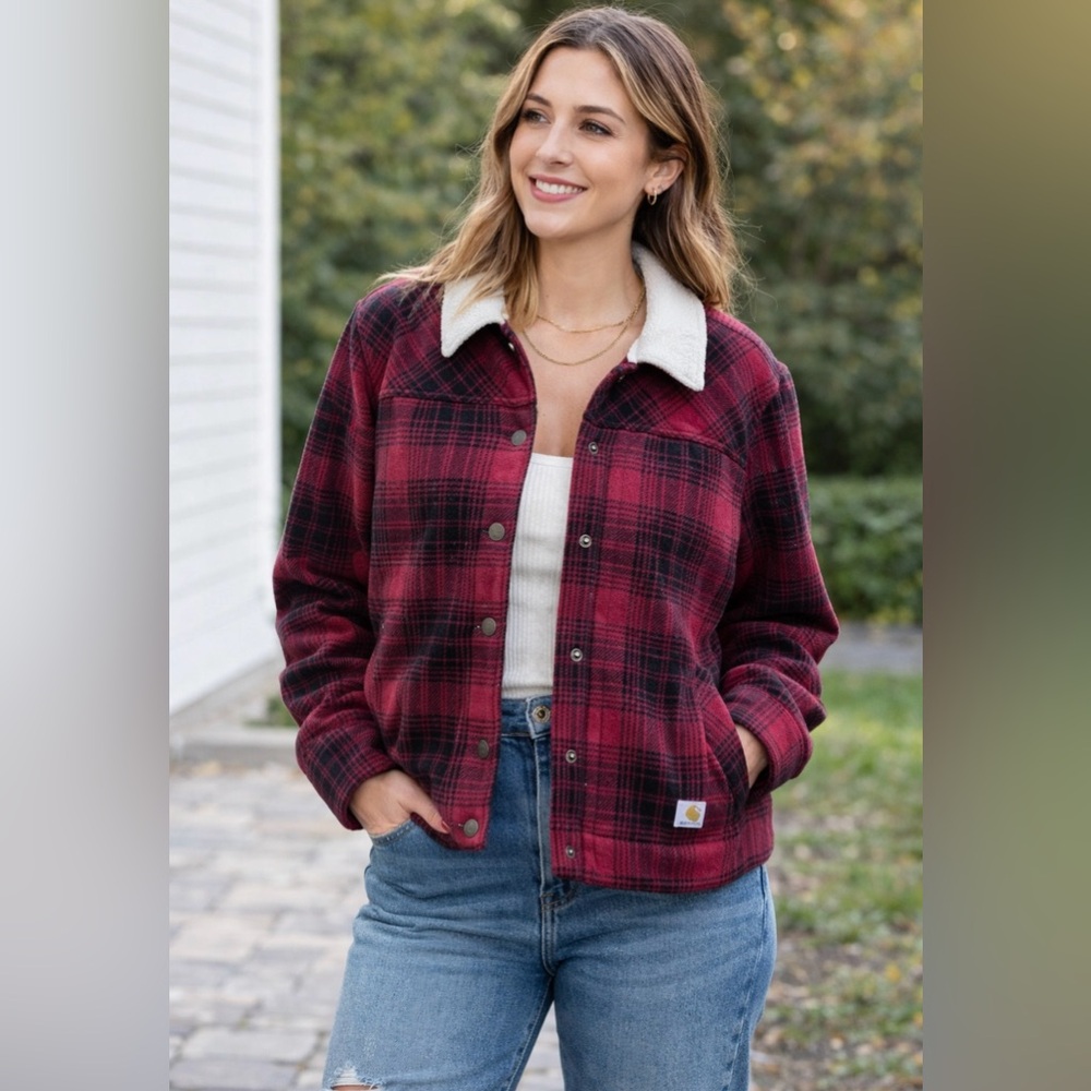 Carhartt Women’s L Sherpa-Lined Red & Black Plaid Button Up Jacket